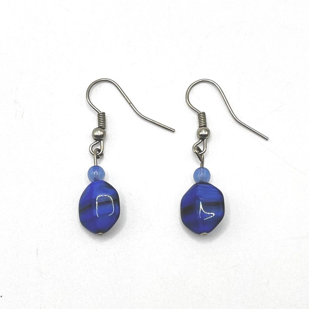 Royal Blue Glass Bead Earrings Dangle Swirled Banded Artisan Silver Tone Hooks